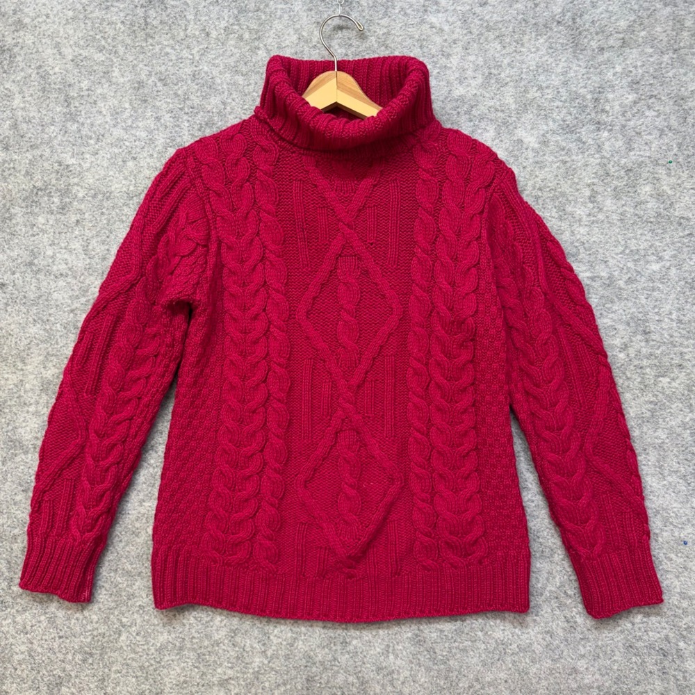 Aran Crafts Womens Red Merino Wool Cable Knit Turtleneck Sweater Size L